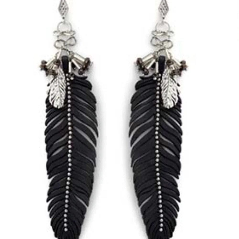 Rebecca Minkoff Leather Feather Earrings Black Feather and Crystals - Picture 2 of 6